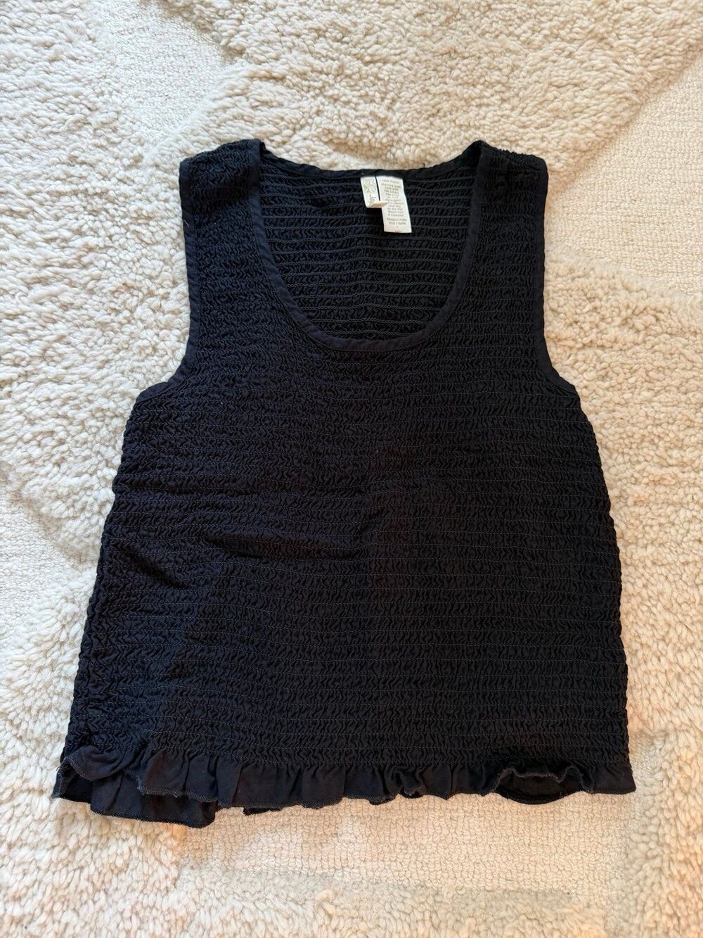 Japna Black Smocked Crinkle Ruffle Hem Tank Top